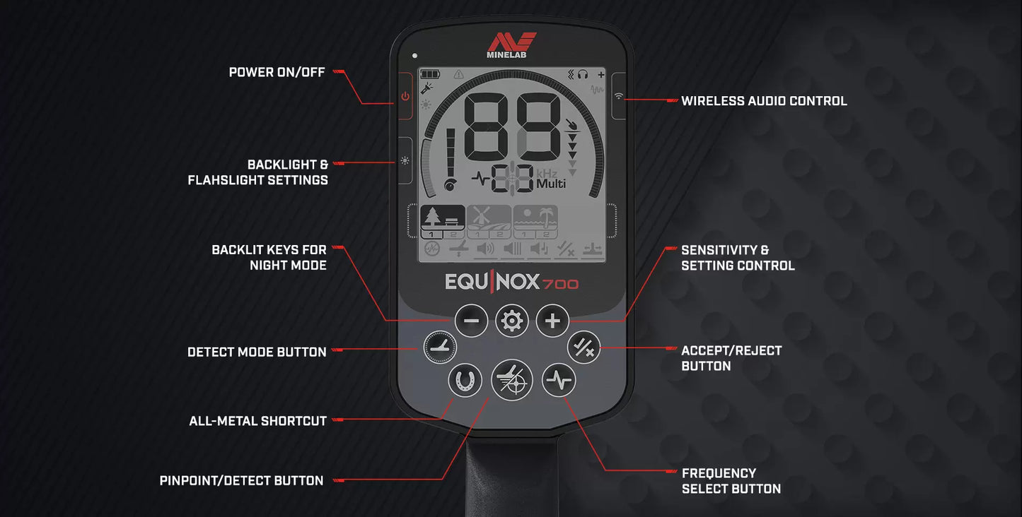 Minelab Equinox 700 with Pro-Find 15 Pointer, 11" plus 6" Coils, Carry Bag, and Finds Pouch