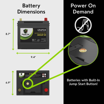 PowerTex 2018 Nissan Maxima Car Battery BCI Group 35 / Q85 Lithium LiFePO4 Automotive Battery - PTLG35-246