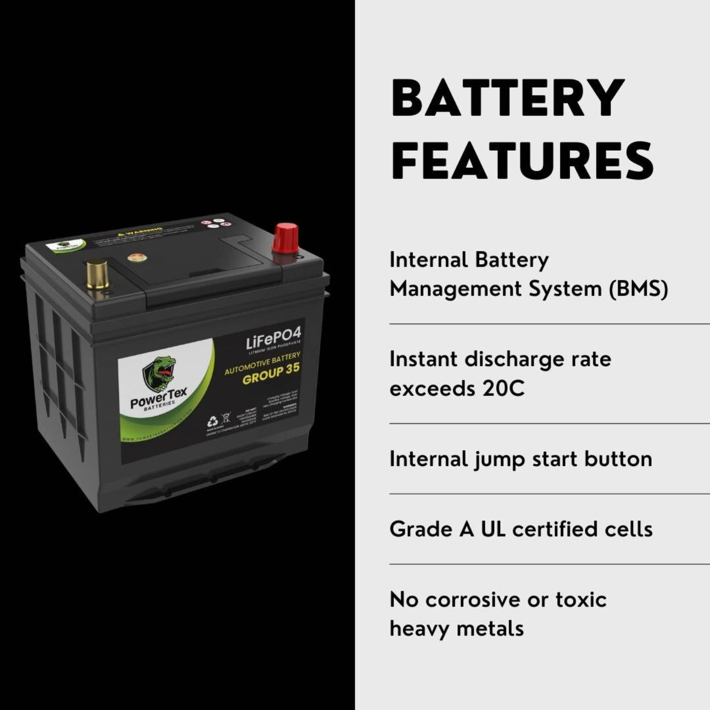 PowerTex 2011 Nissan Juke Car Battery BCI Group 35 / Q85 Lithium LiFePO4 Automotive Battery - PTLG35-316
