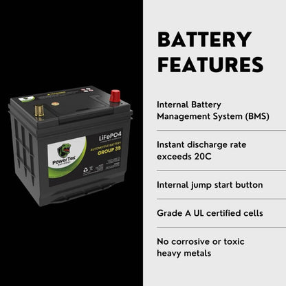 PowerTex 2016 Subaru Crosstrek Car Battery BCI Group 35 / Q85 Lithium LiFePO4 Automotive Battery - PTLG35-382