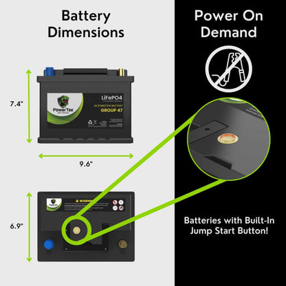 PowerTex 2022 Volkswagen Passat L4 2.0LReplacement Car Battery BCI Group 47 Lithium LiFePO4 Automotive Powertex Battery - PTLG47-097
