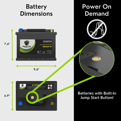PowerTex 2019 Toyota Camry, Solara Car Battery BCI Group 47 H5 Lithium LiFePO4 Replacement Automotive Battery - PTLG47-511