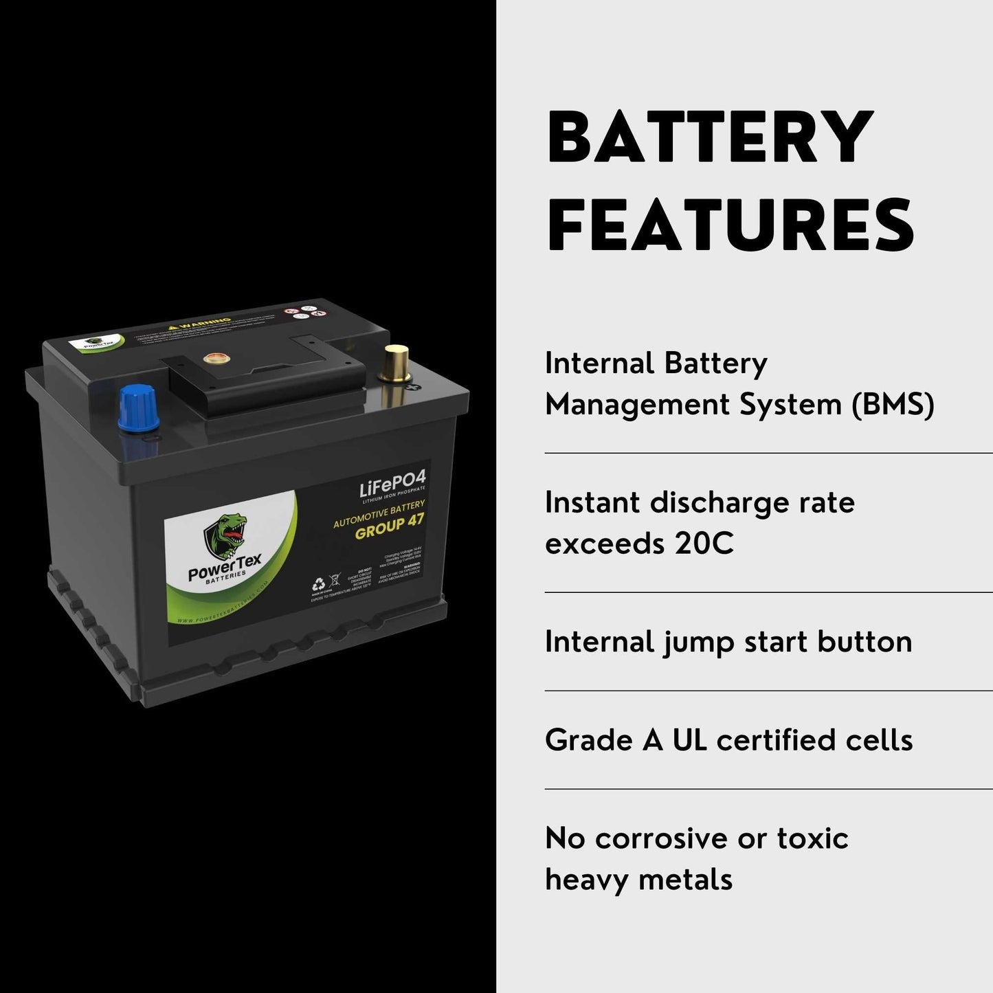 PowerTex 2004 Mini Cooper Car Battery BCI Group 47 H5 Lithium LiFePO4 Replacement Automotive Battery - PTLG47-465