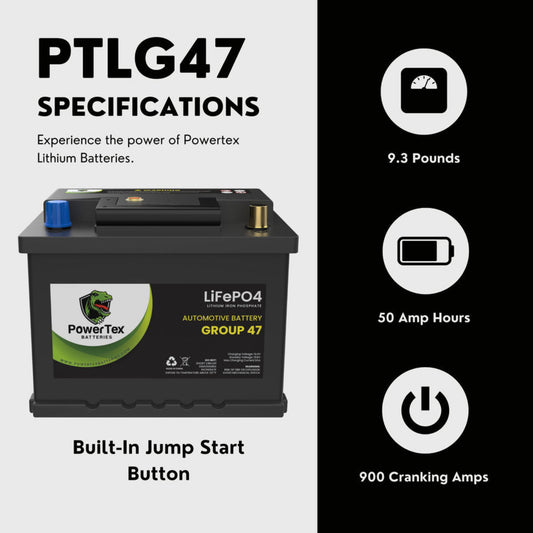 PowerTex 2024 Honda Civic L4 1.5LReplacement Car Battery BCI Group 47 Lithium LiFePO4 Automotive Powertex Battery - PTLG47-027