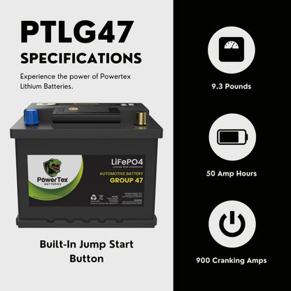 PowerTex 2022 Chevrolet Trax L4 1.4LReplacement Car Battery BCI Group 47 Lithium LiFePO4 Automotive Powertex Battery - PTLG47-017