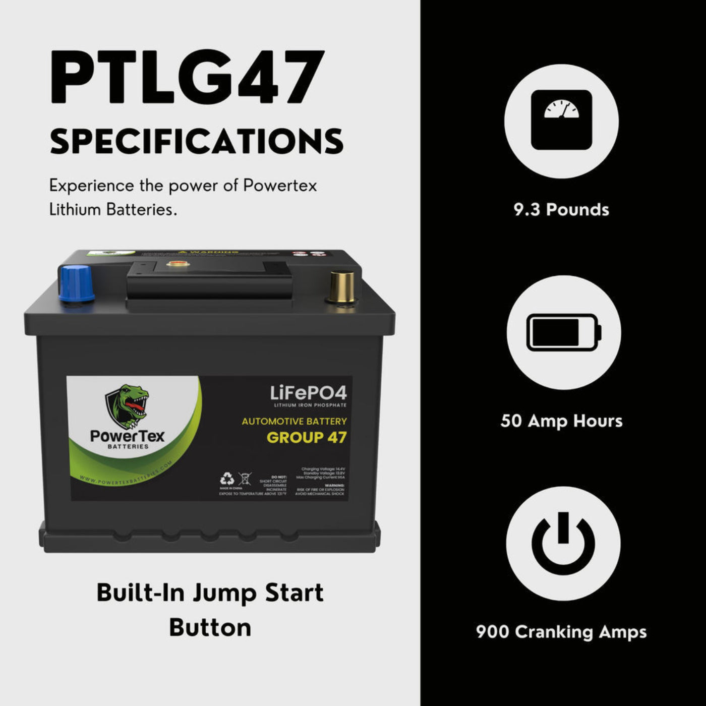 PowerTex 2022 Volkswagen Vento L4 1.6LReplacement Car Battery BCI Group 47 Lithium LiFePO4 Automotive Powertex Battery - PTLG47-0101