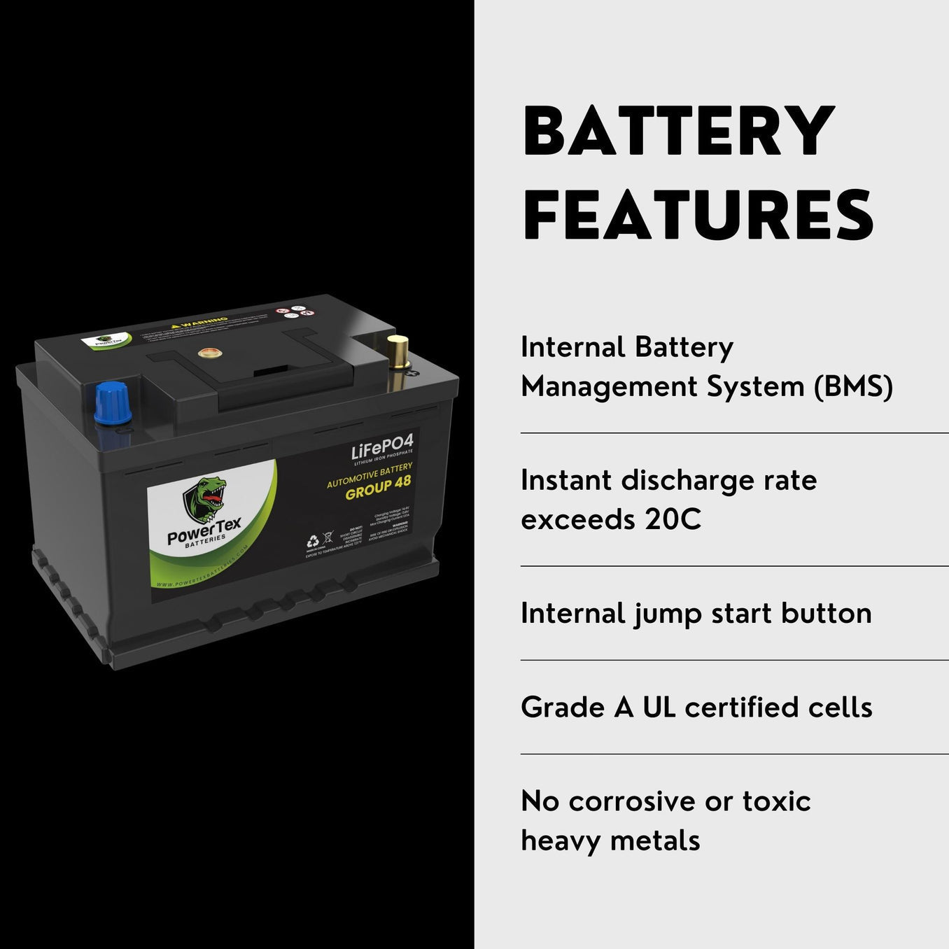 2023 Jeep Wrangler V6 3.0L Replacement Car Battery BCI Group 48 Lithium LiFePO4 Automotive Powertex Battery