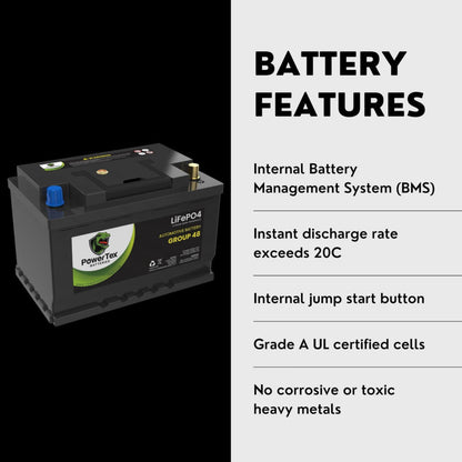 PowerTex 2023 Audi TTS L4 2.0L Replacement Car Battery BCI Group 48 Lithium LiFePO4 Automotive Powertex Battery - PTLG48-062