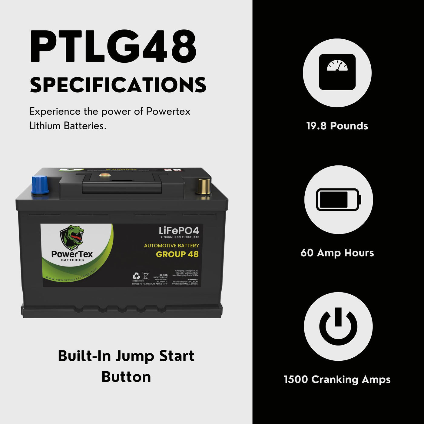 PowerTex 2022 Lexus LC500 V8 5.0L Replacement Car Battery BCI Group 48 Lithium LiFePO4 Automotive Powertex Battery - PTLG48-0411