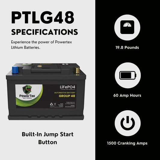 PowerTex 2008 Ferrari 360 V8 3.6L Replacement Car Battery BCI Group 48 Lithium LiFePO4 Automotive Powertex Battery - PTLG48-0479