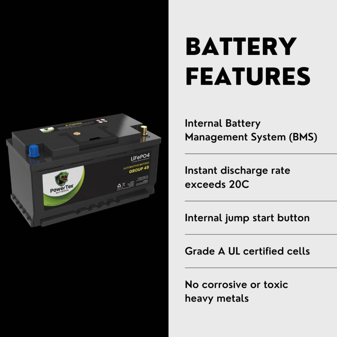 PowerTex 2011 Aston Martin V8 Vantage Car Battery BCI Group 49 / H8 Replacement Lithium LiFePO4 Automotive Battery - PTLG49-38
