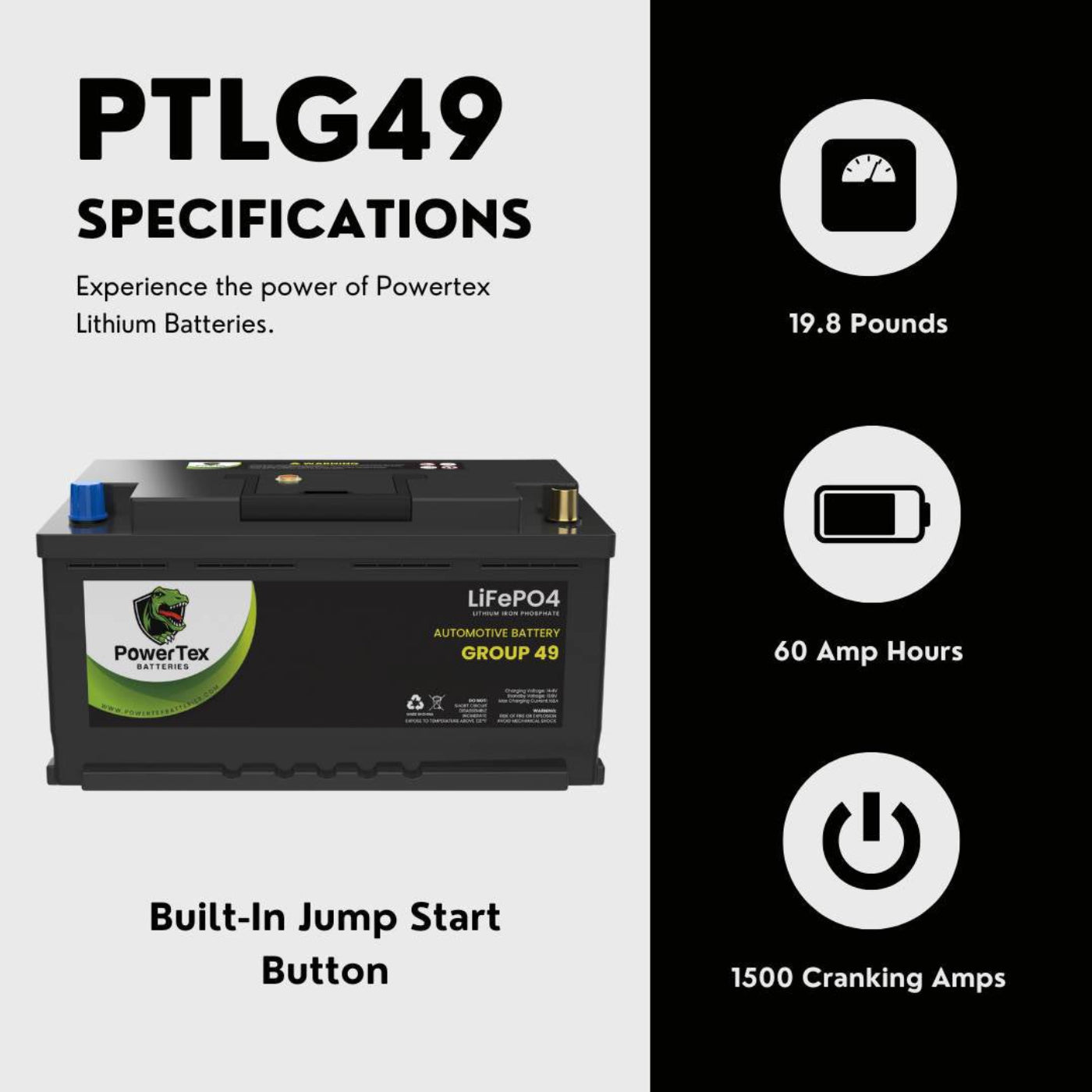 PowerTex 2023 Audi TTS L4 2.0LReplacement Car Battery BCI Group 49 Lithium LiFePO4 Auto - PTLG49-0237motive Powertex Battery