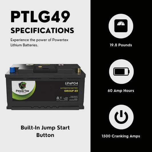 PowerTex 2011 Aston Martin V12 Vantage Car Battery BCI Group 49 / H8 Replacement Lithium LiFePO4 Automotive Battery - PTLG49-37