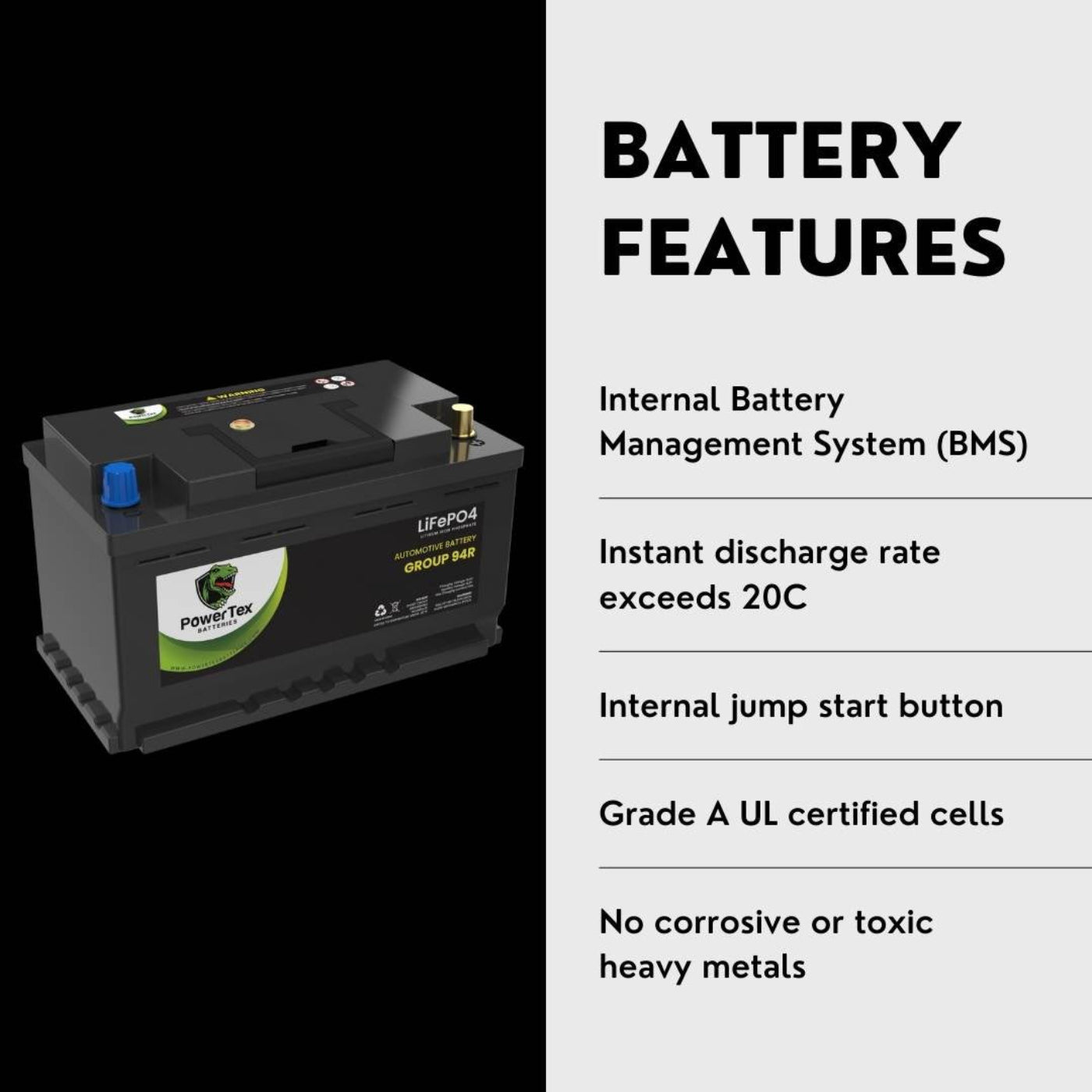 PowerTex 2016 Mini Cooper Car Battery BCI Group 94R / H7 Lithium LiFePO4 Automotive Battery - PTLG94R-1145