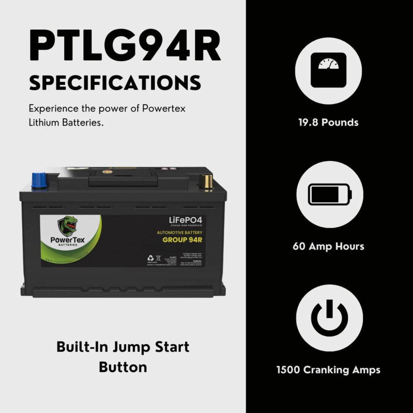 PowerTex 2022 Jeep Grand Wagoneer V8 6.4LReplacement Car Battery BCI Group 49 Lithium LiFePO4 Automotive Powertex Battery - PTLG49-0110